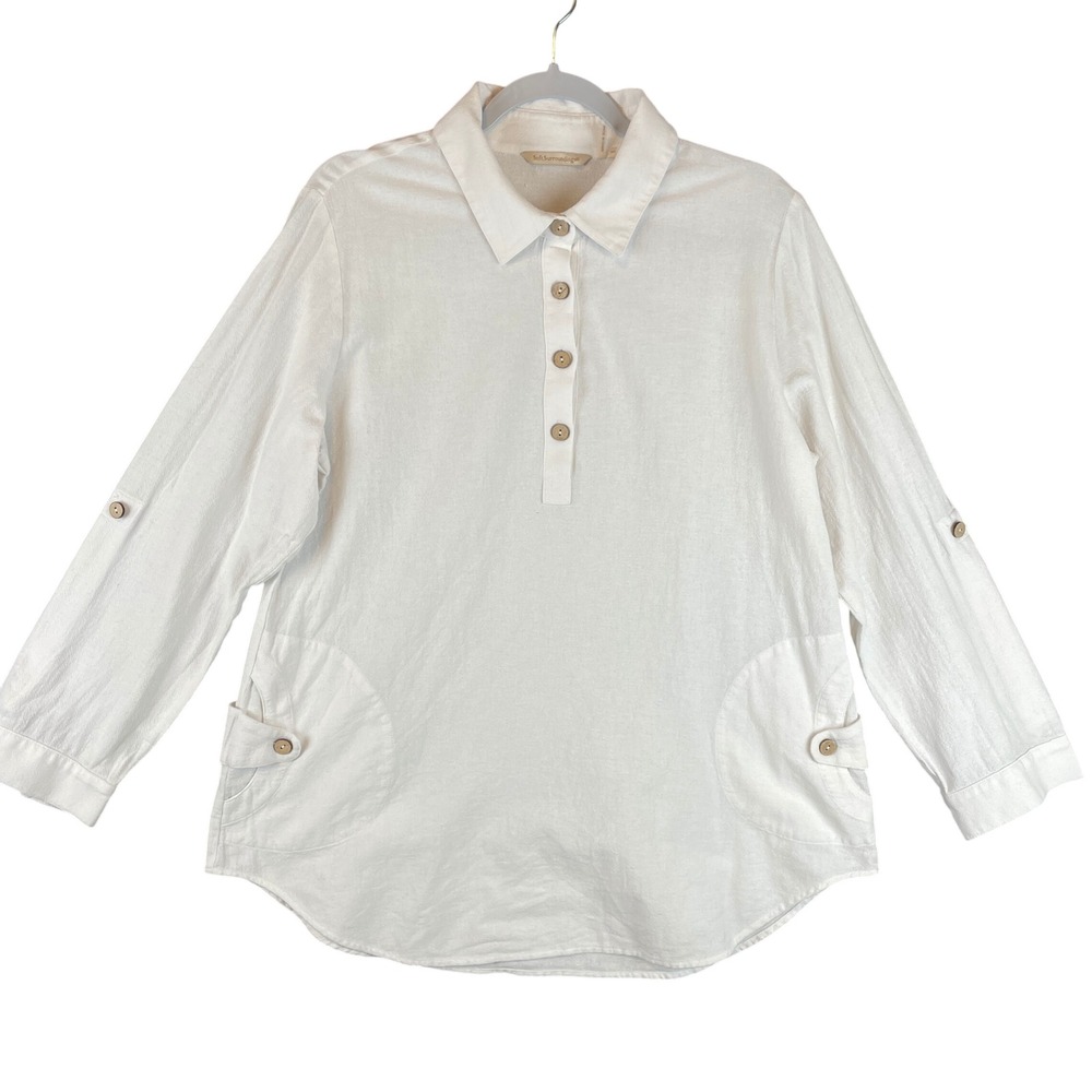 Soft Surroundings White Cotton Roll Tab Sleeve‎ Tunic Top PM 37559